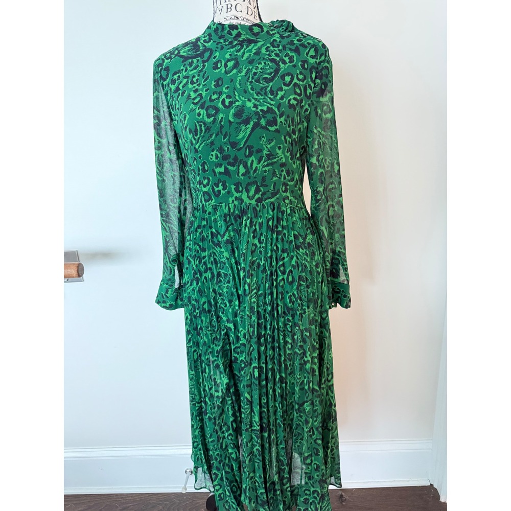 Whistles Green Leopard Print Mock Neck Pleated Midi Dress Long Sleeve Sz 6